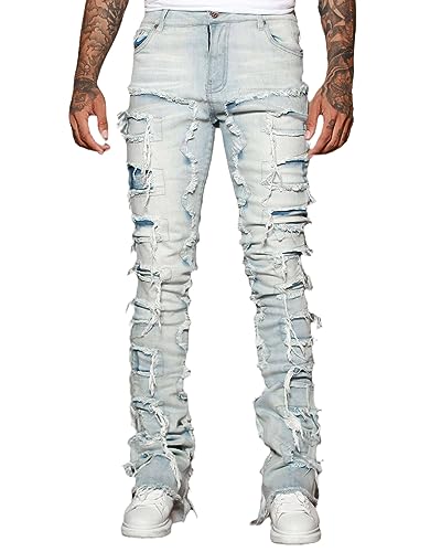 Conshvi Men's Ripped Mid Rise Stretch Stacked Jeans Distressed Patchwork Slim Fit Raw Hem Flare Denim Pants