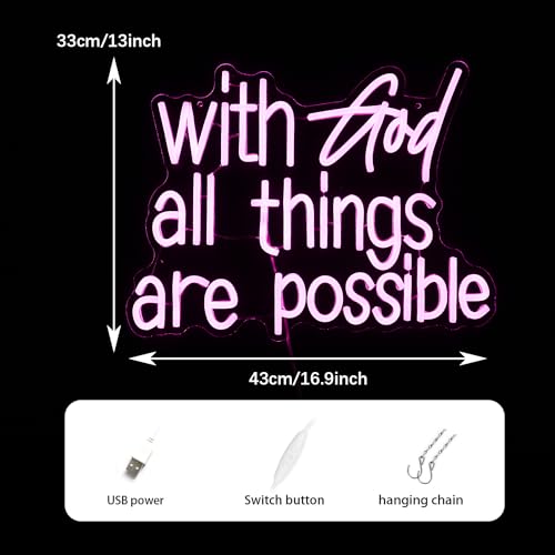 Image of With God All Things Are Possible Neon Sign Beautiful Pink God Led Lights for Wall Decor Dimmable USB Powered Light up Sign 16.9 * 13 Inch Neon Light for Room Party Wedding Church Decor