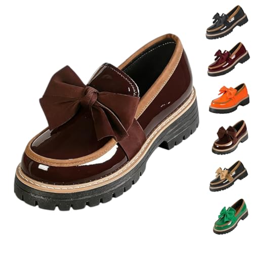 Women's Bowknot Thick Sole Loafers Cushioned Platform Chunky Heel Lug Sole Casual Patent Leather Shoe with Bow (coffee,25.0 cm)