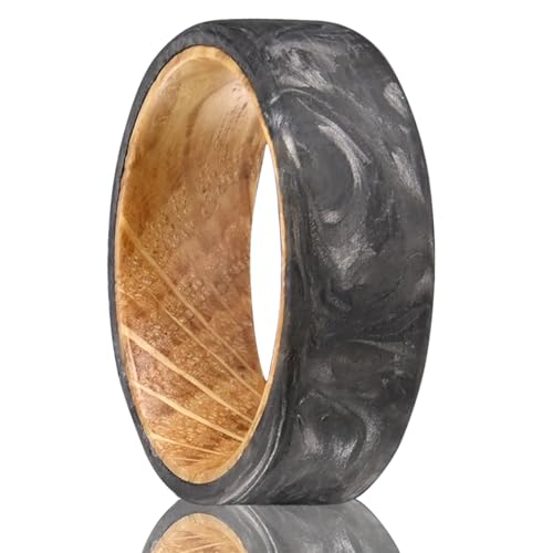 Carbon Fiber Rings for Men Women 8mm Whiskey Barrel Wood Men's Wedding Bands Natural Texture Ultra Light and Comfortable