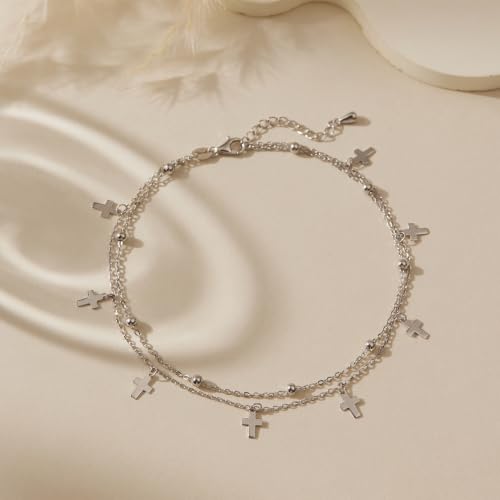 Image of CHIC & ARTSY 925 Sterling Silver Ankle Bracelets for Women, Dainty Adjustable Layered Foot Chains with Symbolic Charms, Boho Beach Everyday Lightweight Jewelry