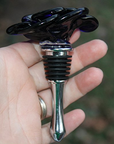 Rose Wine Bottle Stopper Glass Blue Flower Stainless Steel Lampwork Hand Blown #TOP1