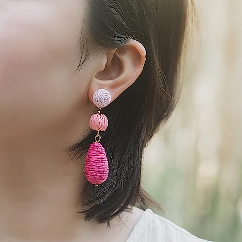 Boho Raffia Earrings Statement Dangle Earrings Cute Teardrop Ball Earrings Colorful Summer Jewelry Handmade Rattan Earrings for Women2