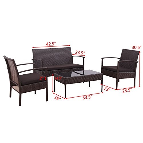 Image of Carry Bird 4 Piece PE Wicker Rattan Outdoor Furniture | 4 Seater Balcony Sofa With Tea Table | Set of 2+1+1 Outdoor Patio Chairs with Coffee Table | Sofa Sets & Center Table for Home & Garden | 3 Piece Patio Stools with Table | Indoor Patio Furniture Set Space Saving | Rattan Chair | Patio Set | Wicker Conversation Set | Poolside Lawn Arm Chairs Set For Balcony & Terrace | Balcony Table chair Set | Hotel Patio Seating Chair & Table Set with Glass | Brown Cushion and Brown Sofa