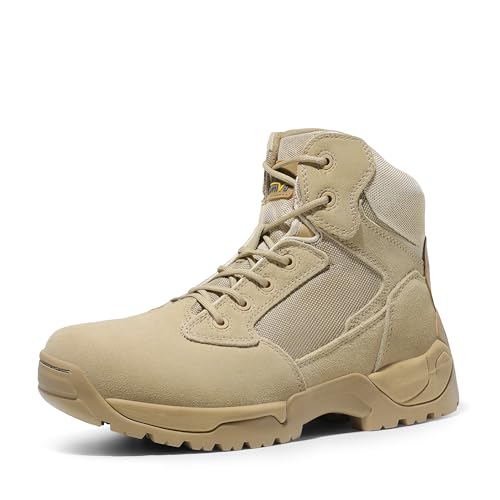 NORTIV 8 Mens Military Tactical Work Boots Side Zip Outdoor Hiking Leather Motorcycle Combat Boots,Size 10W,Sand,ALLOY