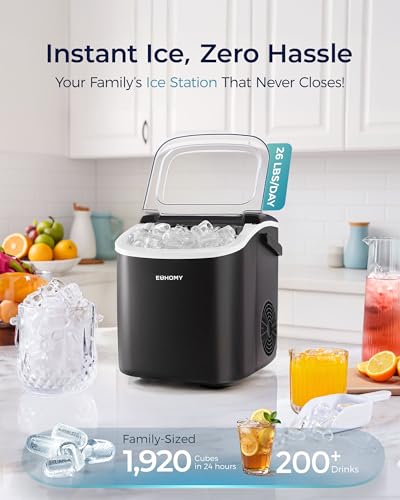 Euhomy Machine à glaçons, 26.5 lbs/24H Machine à glace de comptoir avec auto-nettoyage, 8 Cubes de glace Bullet Prêt en 6 Mins, Machine à glaçon portable compact pour la maison, Cuisine, Bureau, Bar, Fêtes (Noir foncé)