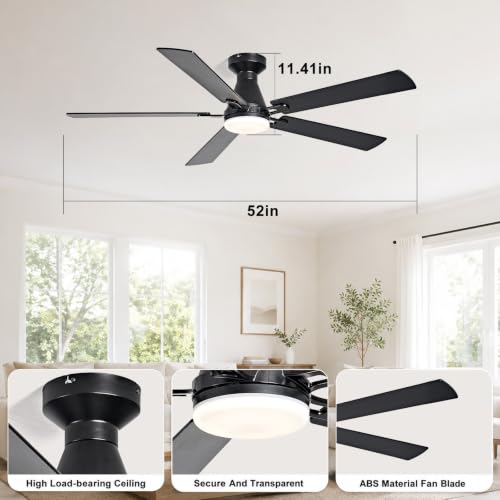 Image of Depuley Modern Ceiling Fan with Light: 52-Inch Black Flush Mount Fandelier | Bedroom Indoor Outdoor Use, 5 Reversible Walnut Blades, 6 Fan Speeds, Timing Function, Dimmable 3CCT, Remote Control Included