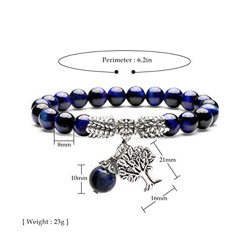 Top Plaza Stretch Blue Tiger Eye Tree Of Life Lucky Stone Bracelet Reiki Healing Crystal Gemstone Dangle Charms Pendant Birthstone Bracelet(6.2") #TOP4