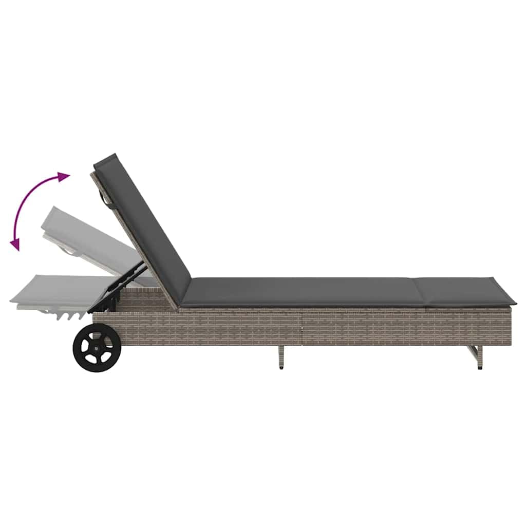 Lettino prendisole con ruote e cuscino, grigio polyrattan, 1 pezzo, schienale regolabile, in rattan PE di facile manutenzione, per giardino, balcone o terrazza, con imbottitura