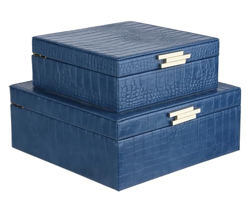 HofferRuffer Square Decorative Boxes, Set of 2 Nesting Storage Memory Keepsake Boxes with Lids, Stylish PU Leather Trinket Jewelry Organizer Box for Home Decor and Storage (Blue Croco)