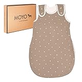 MOYO Schlafsack Baby - Schlafsack rund 1 TOG - Bio-Baumwolle GOTS - Ganzjahres Baby Schlafsack und Sommerschlafsack Baby - Babyschlafsack als Neugeborenen Set (Taupe 74/80 mit Tupfen)