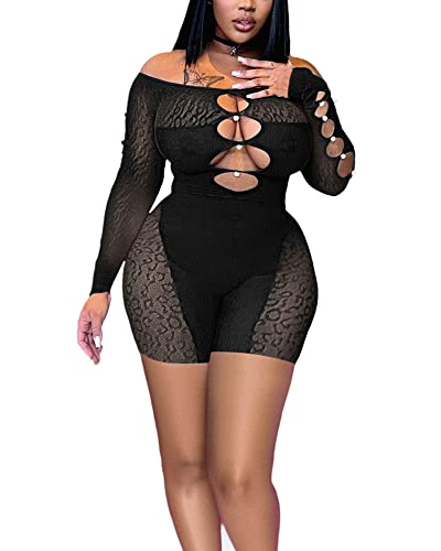 Moeencn Mesh Jumpsuit For Women Summer Sexy Bodycon Off Shoulder Leopard Hollow Out Party Club Night Out Romper Black S #TOP26