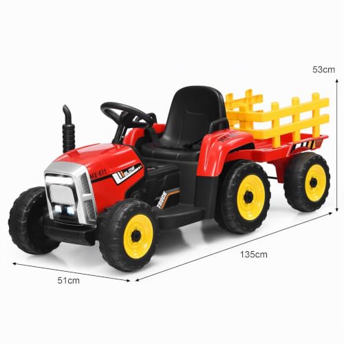 COSTWAY Traktor 12 V, 3-biegowy ze zdejmowaną przyczepą i pilotem zdalnego sterowania 2,4 G, traktor do siedzenia dla dzieci z diodami LED, muzyka, klakson i funkcje USB, odpowiedni dla dzieci od 3
