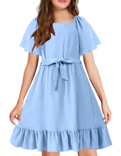 Arshiner Girls Dresses Kids Summer Square Neck Ruffle Hem Belted Dress with Pockets for 5-12 Years