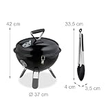 Relaxdays Przenośny grill na węgiel drzewny, Ø 37 cm, grill na węgiel drzewny z pokrywką, na zewnątrz, ogród i kemping, czarny, nierdzewny, stal, nylon