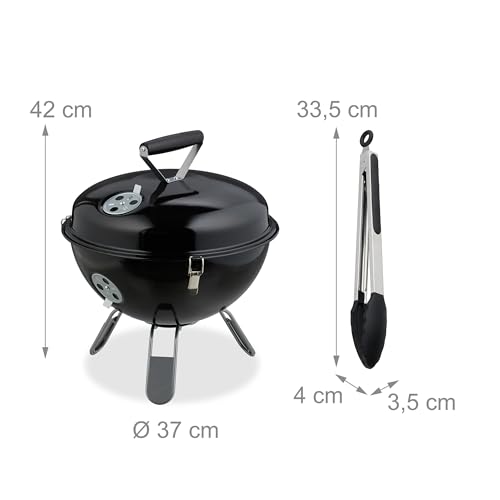 Relaxdays Kugelgrill, tragbar, Ø 37 cm, Picknickgrill für Garten & Park, Holzkohlegrill mit Deckel, Rundgrill, schwarz