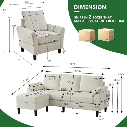 Image of 3 Pieces Corduroy Sofa Set for Living Room with Sofa, Storage Ottoman and Single Chair
