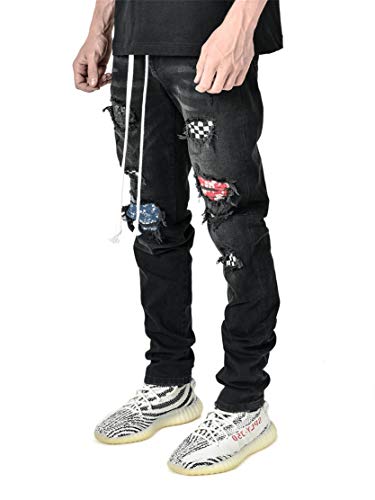 Generic Men's Vintage Ripped Patch Jeans Printed Pattern Skinny Biker Denim Pants Hip Hop Skinny Check Patchwork Jean Trousers (Black,Large)4