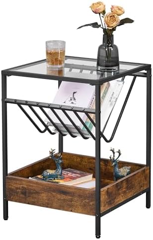 BEWISHOME Glass End Table Side Table with Metal Frame,Accent Table Nightstand Bedside Table with Open Storage,Small Table for Living Room Bedroom Night Stand Small Coffee Table Tempered Glass KTZ61Z