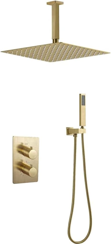 Shower Systems, Ceiling Mounted Thermostatic Brushed Gold Bathroom Rain Mixer Shower Taps Set With 10-12" Square Rainfall Shower Head And Handheld Sh