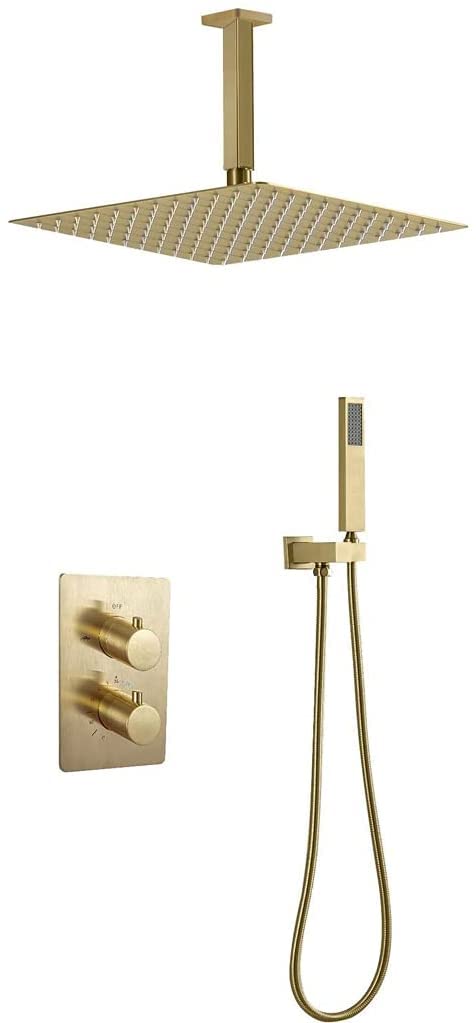 Shower Systems, Ceiling Mounted Thermostatic Brushed Gold Bathroom Rain Mixer Shower Taps Set With 10-12" Square Rainfall Shower Head And Handheld Sh
