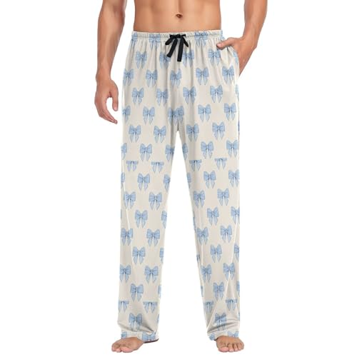 Men’s Blue Bow Pajama Pants with Pockets, Comfortable Lounge Sleep Bottoms#3413