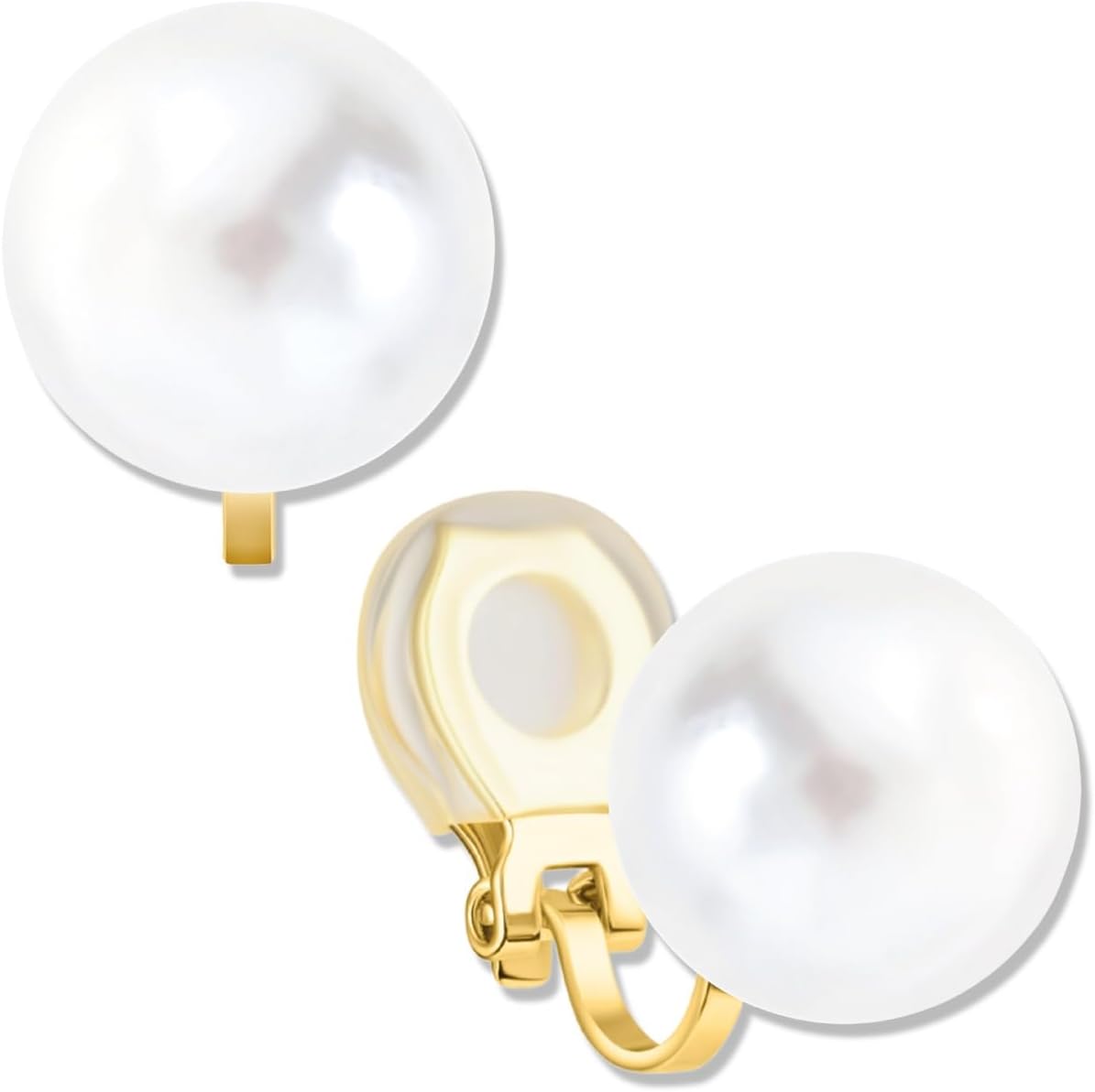 Big Simulated Pearl Clip On Earrings for Women - Oversized Classic Faux Round Large Clip Ons, Hypoallergenic and Safe for Sensitive Ears