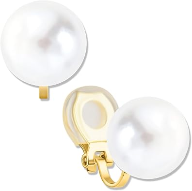 Big Simulated Pearl Clip On Earrings for Women - Oversized Classic Faux Round Large Clip Ons, Hypoallergenic and Safe for Sensitive Ears