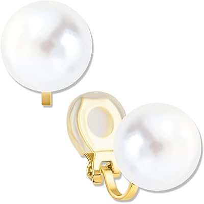 Big Simulated Pearl Clip On Earrings for Women - Oversized Classic Faux Round Large Clip Ons, Hypoallergenic and Safe for Sensitive Ears