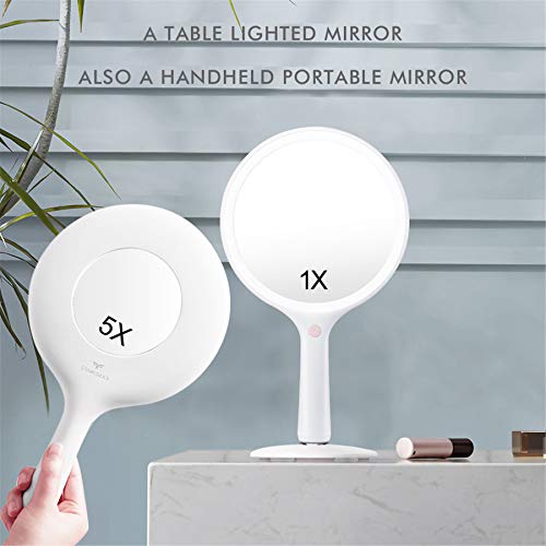 Cosmirror Lighted Makeup Mirror With 3 Colors Dimmable Lighting, Round Makeup Vanity Mirror With 62 Led Lights, 1X/5X Magnification, Cordless Rechargeable Handheld Light Up Mirror (White) #TOP5