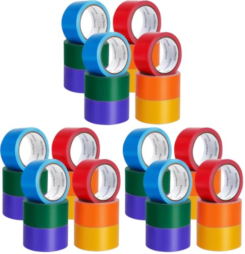 Image of Colored Duct Tape - 12 Rolls (180 Yards Total, 2 Rolls per Color), 2 Inch x 15 Yard Heavy Duty Tape in Yellow, Red, Orange, Blue, Purple, Green and Rainbow Patterns, Waterproof (Pack of 3)