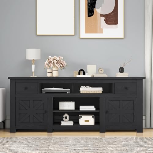 DWVO Farmhouse TV Stand for 75/80 Inches TVs, Entertainment Centers Furniture 30" Tall, TV Consoles with Storage Drawers & Power Outlet, Rustic TV Stands for Living Room, Black
