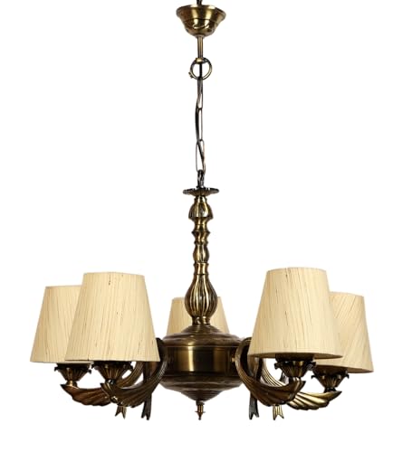 Image of Devansh 05-Light Conical Off-White Cotton Shade Chandelier - Antique Golden Finish | Adjustable Cord | Warm Glow Lamp - Ceiling Light for Living Room, Dining Area, Bedroom & Entryway Decor - D9