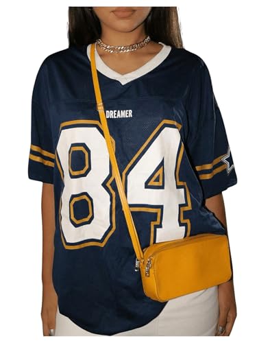 WDIRARA Women's Graphic Jersey Shirt Top Y2k Short Sleeve Tee Shirts Dark Blue Large