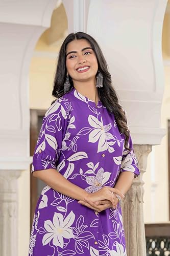 Image of Women's Floral Print Rayon Kurta Palazzo, Round Neck Half Sleeve, Regular Fit, Ethnic Casual Wear