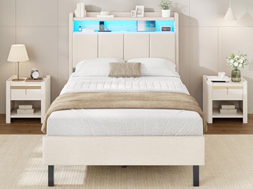 AOGLLATI Estructura de Cama Tapizada con Cabecero 90x200cm, Cama Individual con LED y Puertos USB Type-C, Marco de Cama con Estación de Carga, Somier de Láminas de Madera, Almacenamiento, Lino Beige
