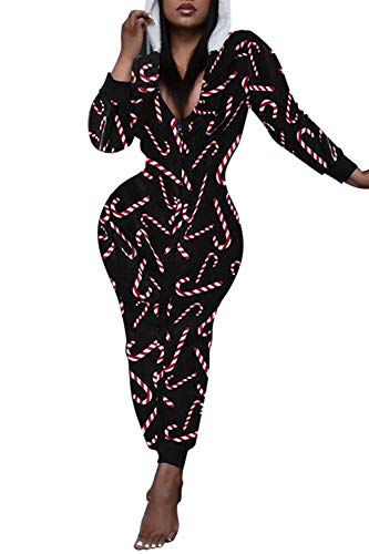 AI'MOURI One Piece Hooded Sleepwear for Women,Sexy Printed Christmas Pajamas Jumpsuit Rompers (Black, M)