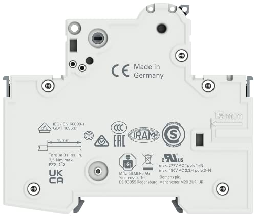 Siemens 5SY61106 Supplementary Protector, UL 1077 Rated, 1 Pole Breaker, 10 Ampere Maximum, Tripping Characteristic B, DIN Rail Mounted
