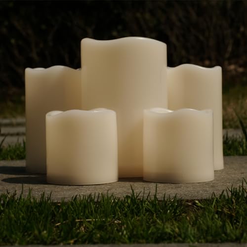 Image of NONNO&ZGF 5 Pack Outdoor Waterproof Flameless Candles, Remote Battery Operated LED Resin Rainproof Pillar Candles (1pcs 4 inch x 6 inch, 2pcs 3 inch x 5 inch, 2pcs 3 inch x 3 inch)