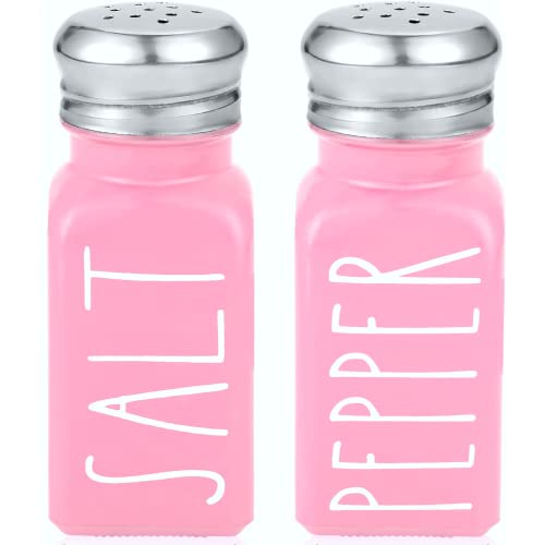 Image of Pink Salt and Pepper Shakers Set by Brighter Barns - Modern Kitchen Decor and Accessories - Cute Glass Shakers - Vintage Decor for Home, Restaurants, Housewarming Gifts & Stainless Steel Lids (Pink)