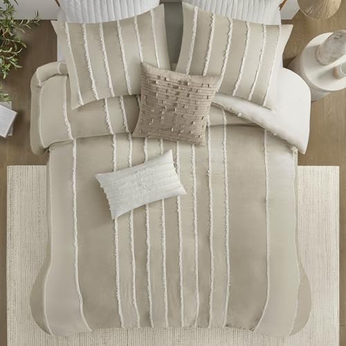 Image of Ink+Ivy King Duvet Cover Set Boho Duvet Covers Stripes, Clipped Jacquard, Cotton Duvet Cover for King Size Bed, All Season Lightweight King Bedding Cover & Shams, Shay, King /Cal King, Taupe 3 Piece