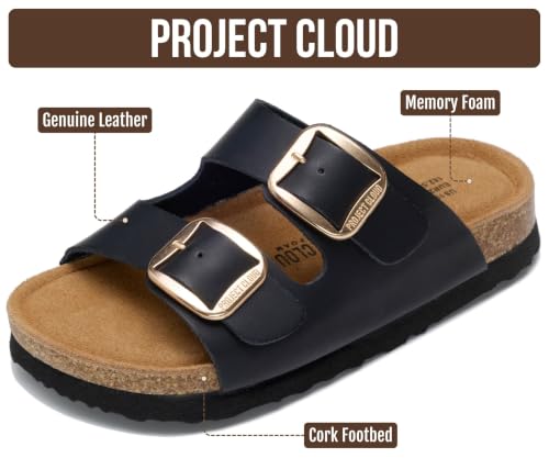 Image of Project Cloud Kids Sandals 100% Genuine Leather - Natural Cork Footbed Non-Slip Slides for Kids - Lightweight Boys & Girls Sandals - Water-Resistant Girls & Boys Sandals