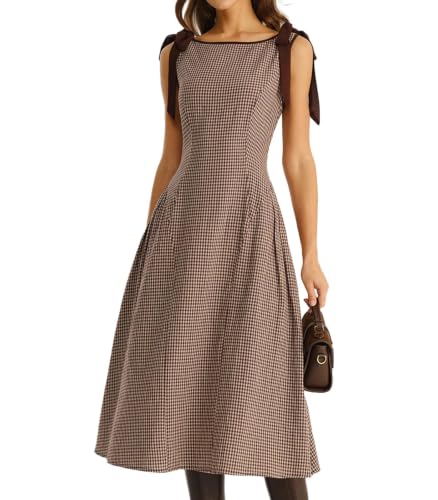 Image of RIHOAS Women's Plaid Gingham Dress Casual Summer Midi Dresses for Women | Cute,Boat Neck,Non-adjustable Bow,A line,Vintage,Sleeveless,Spring,Winter,Casual Daily,Picnic,Travel,Vacation,Christmas