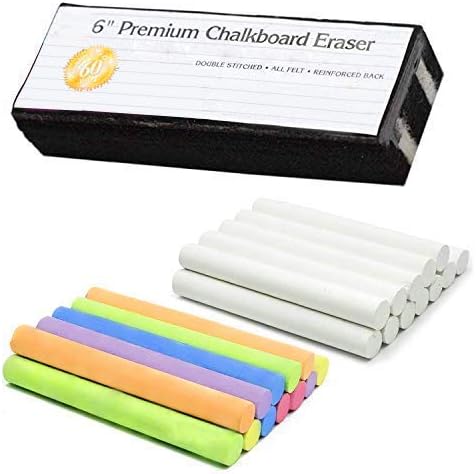 White Chalk (12 ct box) and Colored Chalk (12 ct box) Bundle Non-Toxic + Premium Chalkboard Eraser