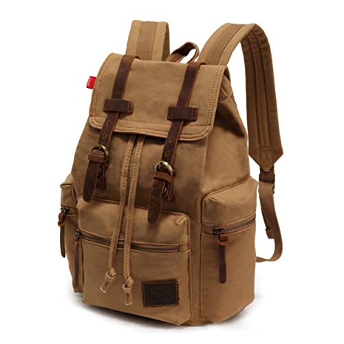 FRCOLOR Retro Men's Casual Canvas Backpack Khaki Rucksack with Straps Side Pockets for Travel Outdoor Activities Comfortable Shoulder Bag for Personal Items