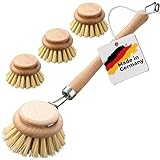 Spülbürste Holz im 4er Set mit Naturfaser + Made in Germany + Sparset aus Abwaschbürste und 3 x Ersatzkopf