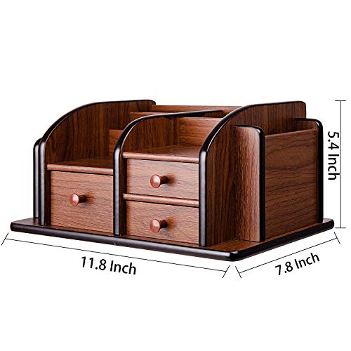 Image of Liry Products Brown Wooden Desk Organizer Multiple Compartments 3 Drawers Slots 2 Shelves Racks Holder Office Supplies Caddy Tabletop Storage Desktop Stationery Accessory Sorter Home Kitchen