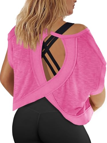 Fisoew Womens Plus Size Open Back Workout Tops Backless Short Sleeve Athletic Shirt Running Crop Top Gym Yoga T-Shirt Pink