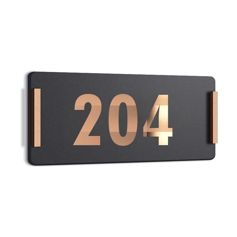 Image of HOTEL ROOM NUMBER PLATES - 204| Black acrylic board fixed mirror gold number | Easy installation type double sided tape fixed on backside