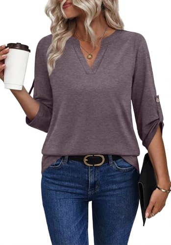 Image of XIEERDUO 3 /4 Length Sleeve Womens Tops V Neck T Shirts Both Side Buttons Blouses Business Casual Outfits Loose Fit